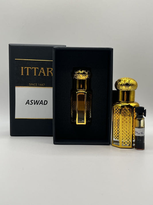 Parfum attar Musc Aswad noir intense sans alcool, fragrance orientale musquée longue tenue