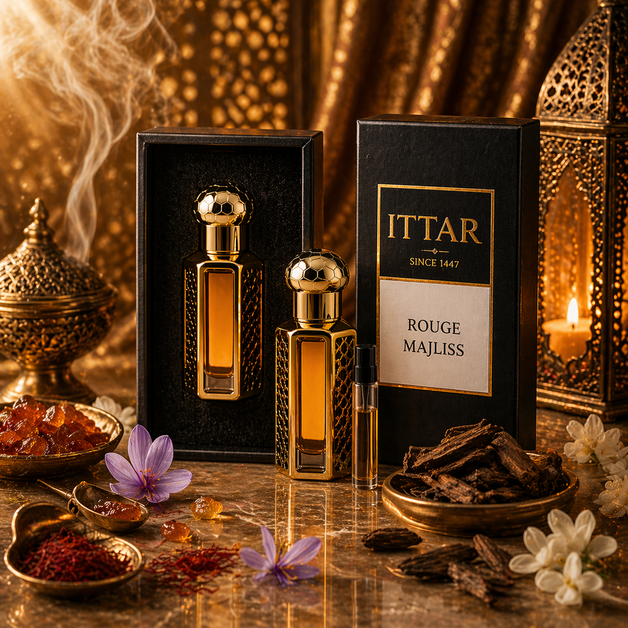 Rouge Majlis | Huile parfumée attar sans alcool boisée et ambrée