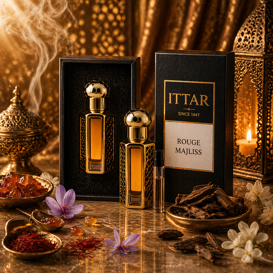Rouge Majlis | Huile parfumée attar sans alcool boisée et ambrée