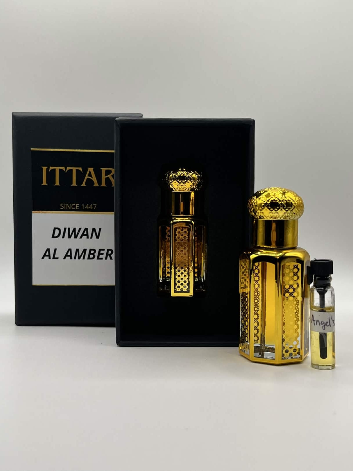 Parfum attar Diwan Al Amber ambre intense sans alcool inspiré Angels Share longue tenue
